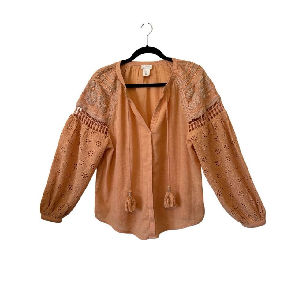 Nicole Miller Artelier Blouse Light Orange Gauzy Embroidered Peasant SizeS Loose